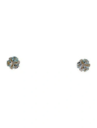 Pre-owned Jewelmak 14k Aquamarine & Diamond Flower Cluster Stud Earrings In Multi