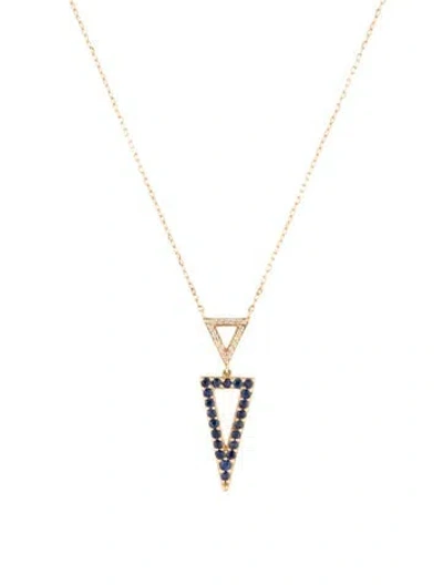 Pre-owned Jewelmak 14k Diamond & Sapphire Triangle Pendant Necklace, 16.5" In Multi