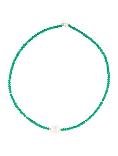 Pre-owned Jewelmak 14k Dyed Chalcedony & Pearl Bead Necklace, 16" In Multi