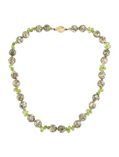 Pre-owned Jewelmak 14k Dyed Composite Mother Of Pearl & Peridot Beaded Necklace, 17.5" In Multicolor