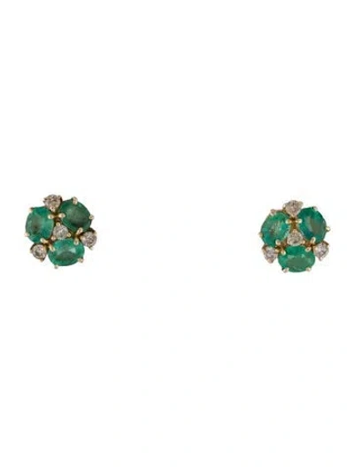 Pre-owned Jewelmak 14k Emerald & Diamond Cluster Earrings In Multi