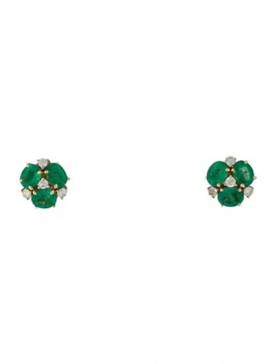 Pre-owned Jewelmak 14k Emerald & Diamond Flower Cluster Stud Earrings In Multi
