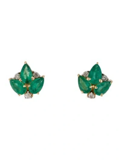 Pre-owned Jewelmak 14k Emerald & Diamond Leaf Stud Earrings In Multi
