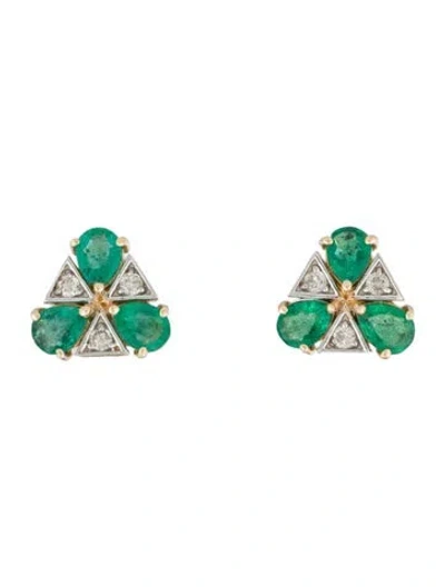 Pre-owned Jewelmak 14k Emerald & Diamond Stud Earrings In Multi