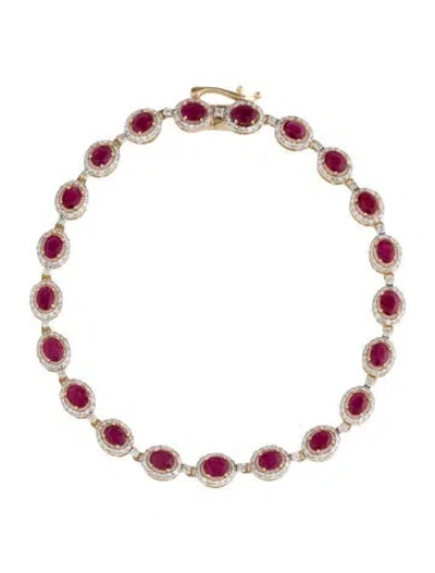 Pre-owned Jewelmak 14k Glass Filled Ruby & Diamond Link Bracelet, 6.75" In Multi