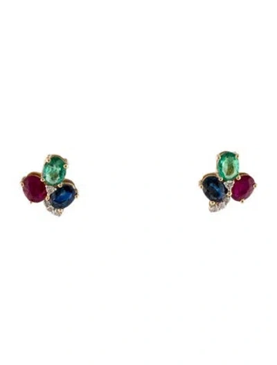 Pre-owned Jewelmak 14k Glass Filled Ruby, Sapphire & Emerald Stud Earrings In Multi