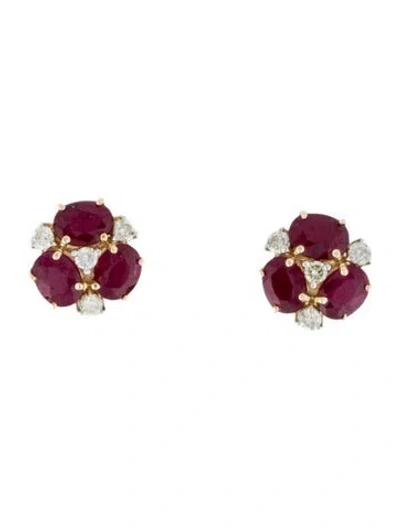Pre-owned Jewelmak 14k Glass-filled Ruby & Diamond Flower Cluster Stud Earrings In Multi