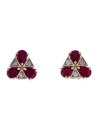 Pre-owned Jewelmak 14k Glass-filled Ruby & Diamond Stud Earring In Multi
