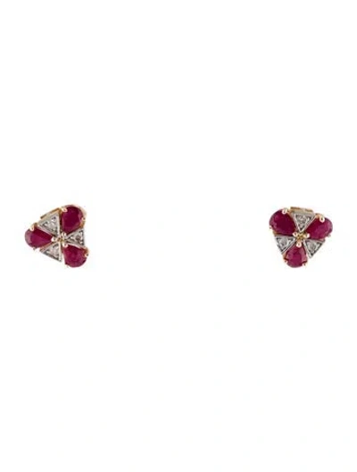 Pre-owned Jewelmak 14k Glass-filled Ruby & Diamond Stud Earring In Multi