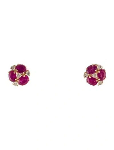 Pre-owned Jewelmak 14k Ruby & Diamond Flower Cluster Stud Earring In Multi
