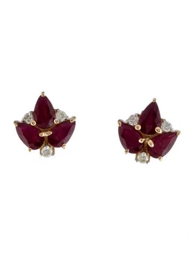 Pre-owned Jewelmak 14k Ruby & Diamond Leaf Stud Earrings In Multi