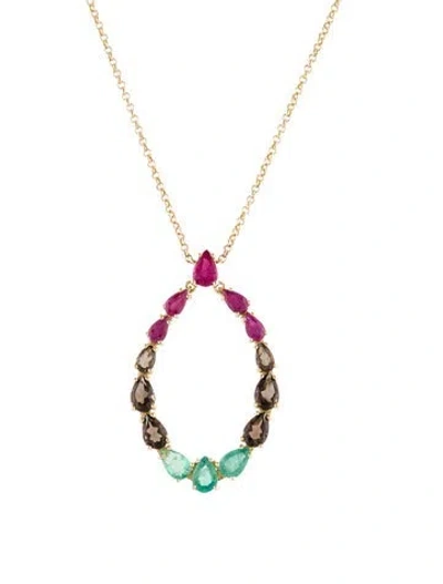Pre-owned Jewelmak 14k Ruby, Emerald & Smokey Quartz Pendant Necklace, 17" In Multi