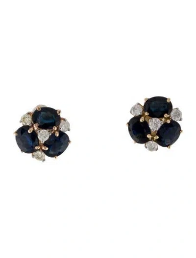Pre-owned Jewelmak 14k Sapphire & Diamond Flower Cluster Stud Earrings In Multi