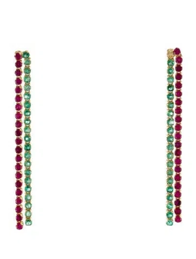 Pre-owned Jewelmak 18k Emerald & Ruby Liner Drop Earrings In Multi