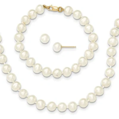 Pre-owned Jewelry 14k 5-6mm Fw Cultured Pearl 5in Bracelet, 14in Necklace & Earring Set In Yellow