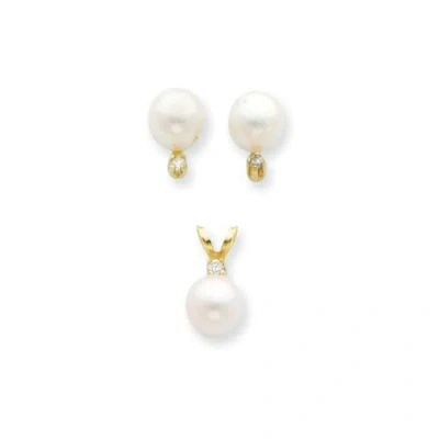 Pre-owned Jewelry 14k 6-7mm Saltwater Akoya Cultured Pearl & Dia. Earrings & Pendant Set In Yellow