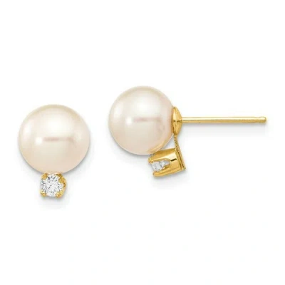 Pre-owned Jewelry 14k 7-8mm White Round Freshwater Cultured Pearl .10ct Diamond Post Earrings In Yellow