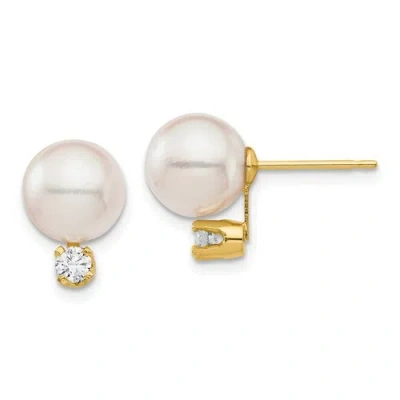 Pre-owned Jewelry 14k 8-9mm White Round Saltwater Akoya Cultured Pearl Diamond Post Earrings