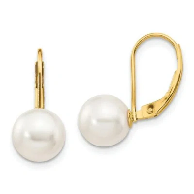 Pre-owned Jewelry 14k 8-9mm White Round Saltwater Akoya Cultured Pearl Leverback Earrings In Yellow