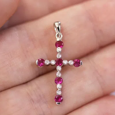 Pre-owned Jewelry By Arsa 0.5 Ctw Natural Red Ruby & Diamond Solid 14k White Gold Small Cross Pendant 30mm