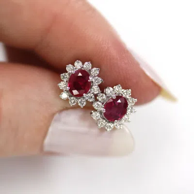 Pre-owned Jewelry By Arsa 1.2 Ctw Natural Ruby & Diamond Solid 14k White Gold Halo Cluster Stud Earrings In Red