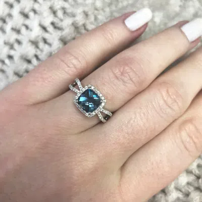 Pre-owned Jewelry By Arsa 2.2 Ctw Natural London Blue Topaz & Diamond Solid 14k White Gold Halo Ring 9 Mm In G-h