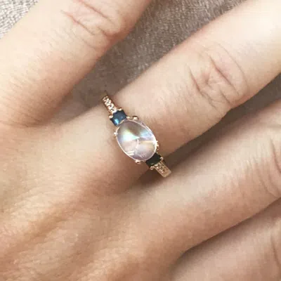 Pre-owned Jewelry By Arsa 2.65 Ctw Natural Moonstone, Sapphire & Diamond Solid 14k Rose Gold 3 Stone Ring In White