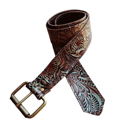 Jewelry Junkie Women's Tooled Leather Belt In Turquoise And Brown In Multi