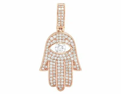 Pre-owned Jewelry Unlimited 10k Rose Gold Genuine Diamond Hamsa Hand Solitaire Evil Eye Pendant 7/10 Ct 1.2"