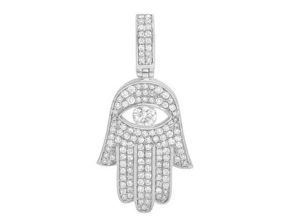 Pre-owned Jewelry Unlimited 10k White Gold Genuine Diamond Hamsa Hand Solitaire Evil Eye Pendant 7/10 Ct ...