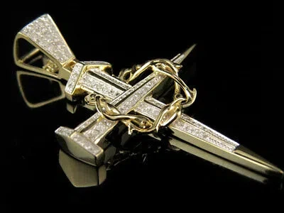 Pre-owned Jewelry Unlimited 10k Yellow Gold Crown Of Thorns Nail Cross Genuine Diamond Pendant Charm .38 Ct In H-i