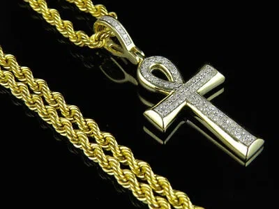 Pre-owned Jewelry Unlimited 10k Yellow Gold Micro Pave Genuine Diamond Ankh Cross Pendant Chain Combo 0.33ct In H-i