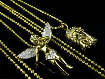 Pre-owned Jewelry Unlimited 10k Yellow Gold Plated Unisex Diamond Jesus Angel Pendant Charm Chain Combo In White