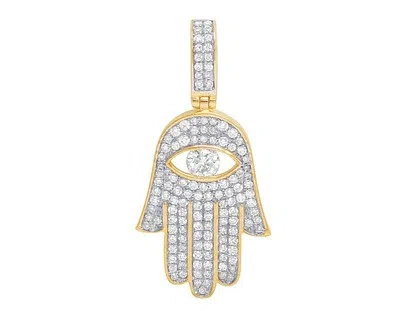 Pre-owned Jewelry Unlimited 10k Yellow Gold Real Diamond Hamsa Hand Solitaire Evil Eye Pendant 7/10 Ct 1.2"