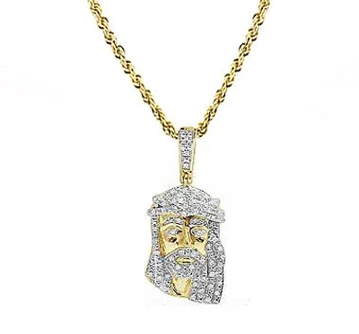 Pre-owned Jewelry Unlimited 10k Yellow Gold Real Diamond Mini Jesus Pendant Charm Rope Chain Set 0.33ct 1.3"