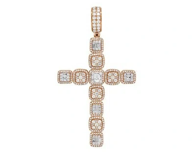 Pre-owned Jewelry Unlimited 14k Rose Gold Halo Baguette Cluster Real Diamond Cross Pendant 3" 3 1/2ct