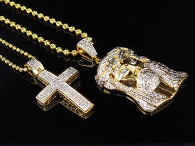 Pre-owned Jewelry Unlimited Genuine Diamond Jesus & Cross Pendant Chain In Yellow Gold Plated (0.75ct) 1.75" In H-i