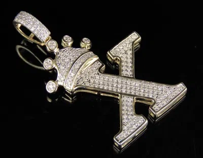 Pre-owned Jewelry Unlimited Initial Letter X Crown Diamond Custom Unisex Pendant 10k Yellow Gold 0.4 Ct 1.5" In H-i