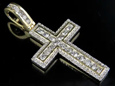 Pre-owned Jewelry Unlimited Men's 10k Yellow Gold Genuine Diamond Channel Cross Pendant Charm 1ct 1.5"