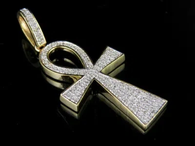 Pre-owned Jewelry Unlimited Men's 10k Yellow Gold Genuine Diamond Egyptian Ankh Cross Pendant 1/5 Ct 1.4" In H-i