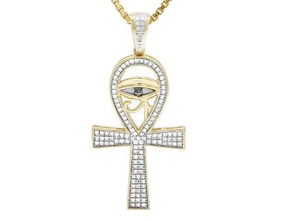 Pre-owned Jewelry Unlimited Men's 10k Yellow Gold Genuine Diamond Horus Evil Eye Ankh Pendant 0.28ct 1.4" In H-i