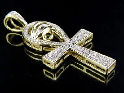 Pre-owned Jewelry Unlimited Men's 10k Yellow Gold Genuine Diamond Horus Evil Eye Ankh Pendant 0.3ct 1.4"