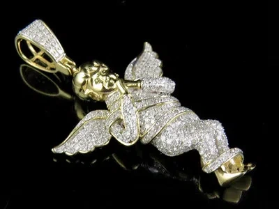 Pre-owned Jewelry Unlimited Men's 10k Yellow Gold Genuine Diamond Ice Out Praying Angel Pendant 7/8 Ct 1.6"