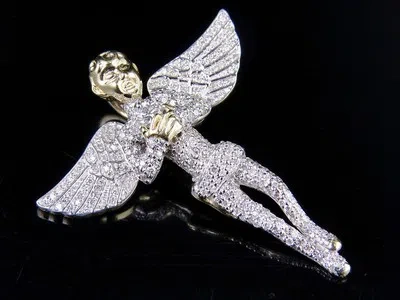 Pre-owned Jewelry Unlimited Men's 10k Yellow Gold Genuine Diamond Praying Angel Iced Pendant Charm 4/5ct ...