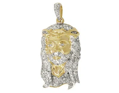 Pre-owned Jewelry Unlimited Men's 10k Yellow Gold Jesus Face Head Piece Diamonds Charm Pendant 1.0ct 1.2"