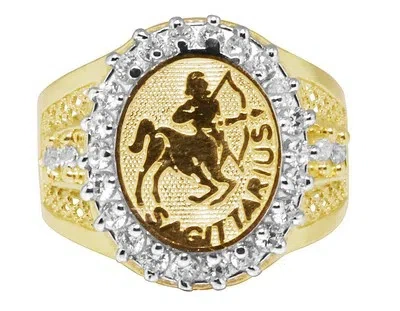 Pre-owned Jewelry Unlimited Men's 10k Yellow Gold Lab Diamond Sagittarius Archer Zodiac Astrology Pinky Ring