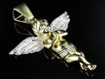 Pre-owned Jewelry Unlimited Men's 10k Yellow Gold Praying Angel Genuine Diamond Pendant Charm 0.88ct 1.8" In G-h