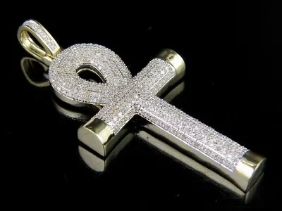 Pre-owned Jewelry Unlimited Men's 10k Yellow Gold Puff Ankh Cross Genuine Diamond Pendant 0.55 Ct 1.8" In I-j