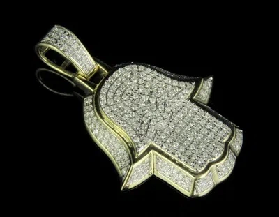 Pre-owned Jewelry Unlimited Men's 10k Yellow Gold Real Diamond Pave 3d Hamsa Hand Pendant Charm 0.7ct 1.5" In H-i