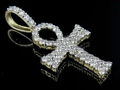 Pre-owned Jewelry Unlimited Men's 10k Yellow Gold Real Diamonds Two Row Ankh Cross Pendant Charm 2.0 Ct 1.5" In White